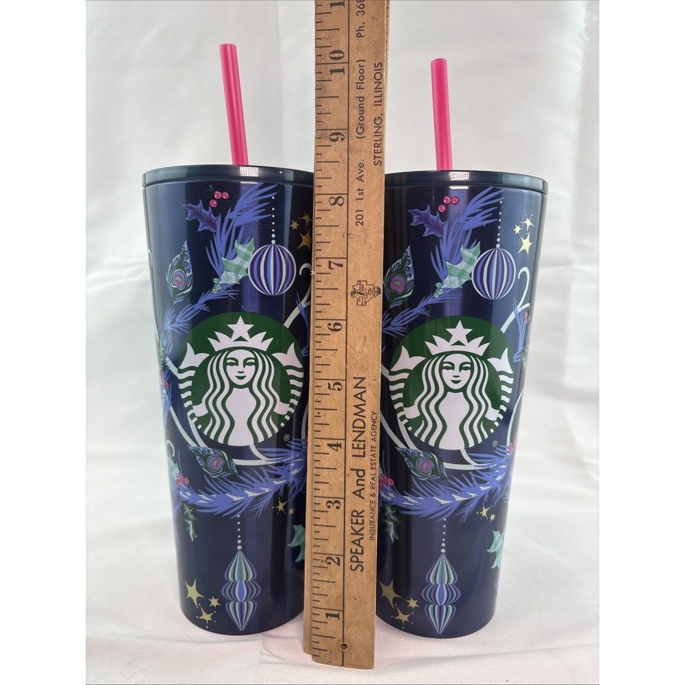Lot Of 2 -Starbucks Holiday Christmas Tumbler Blue Ornaments 2024 Straw 24 oz - Picture 5 of 8